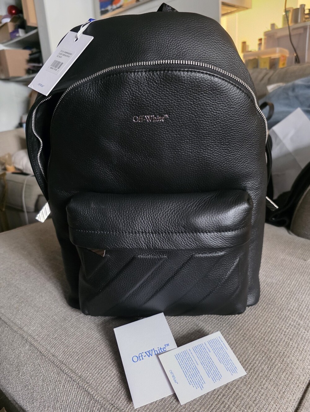 Off-White Industrial-strap Black pebbled-leather backpack Brand New With Tags